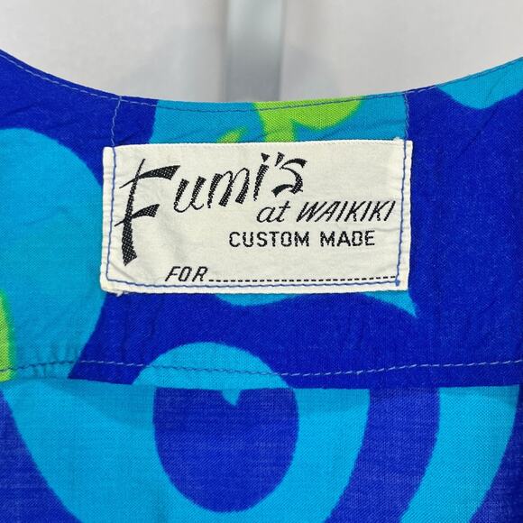 FUMI'S AT WAIKIKI Custom Made Hawaiian Tunic Mini Shift Dress Floral Blue XS - Picture 2 of 8